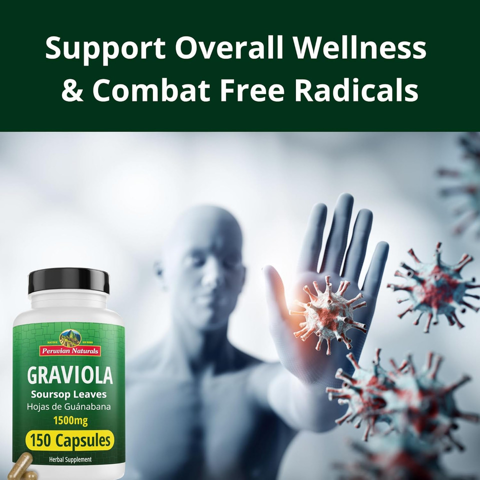 Peruvian Naturals Graviola Capsules 1500 Mg High-Potency Soursop Extract From Hojas De Guanabana - Non-Gmo, Vegan, Gluten-Free 150 Capsules Herbal Supplement