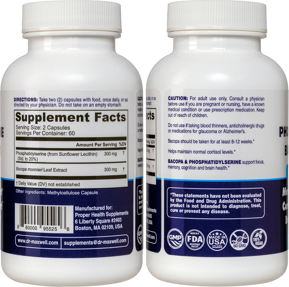 Phosphatidylserine & Bacopa Monnieri, Better Than Each Alone. Phosphatidylserine Supplement 300Mg, No Fillers, Soy Free, 2In1, 120 Capsules. Memory Support