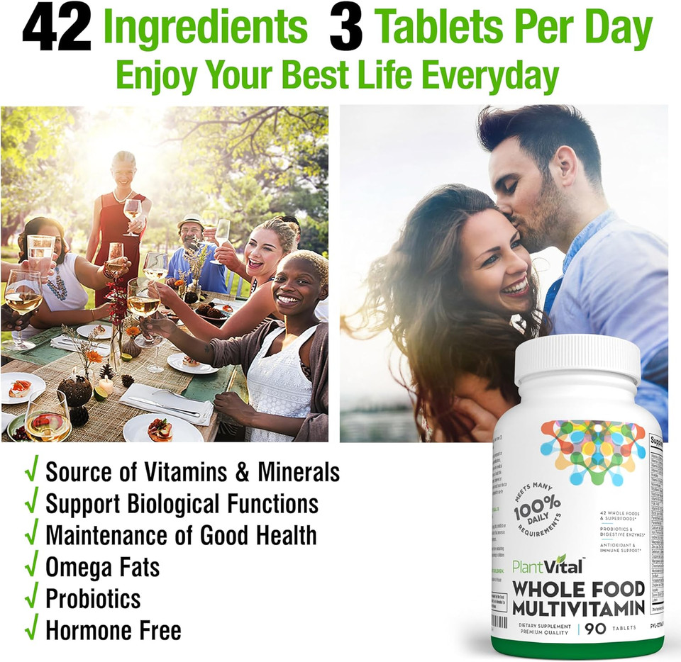 Plantvital Whole Food Multivitamin - Multivitamins With 42 Superfoods Raw Veggies And Fruits Vitamins Earth Energy Fruits And Veggies Supplement Pure Fruit And Vegetable Supplements - 90 Tablets