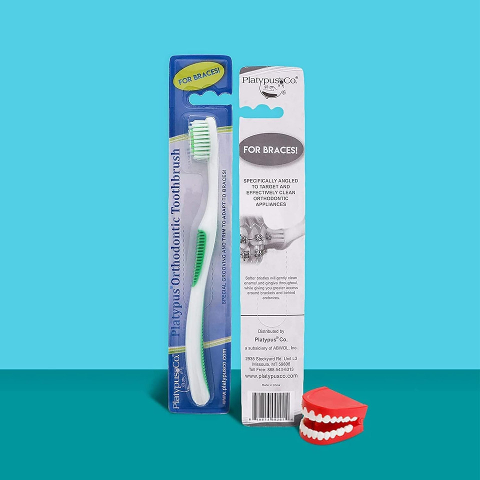 Platypus Orthodontic Toothbrush For Braces | Soft Bristle Braces Toothbrush For Adults & Kids | Angled Bristles For Better Access Around Brackets And Archwires, Comfort Silicone Grip | 1 Count