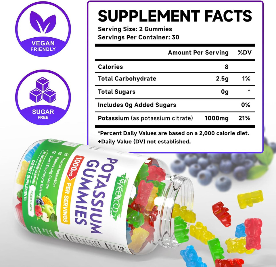 Potassium Citrate Gummies 1000Mg, High Potency Potassium Supplement For Adults Women & Men, Support Leg Cramps & Muscle Health, Sugar-Free, Mixfed Fruit Flavor, 60 Count