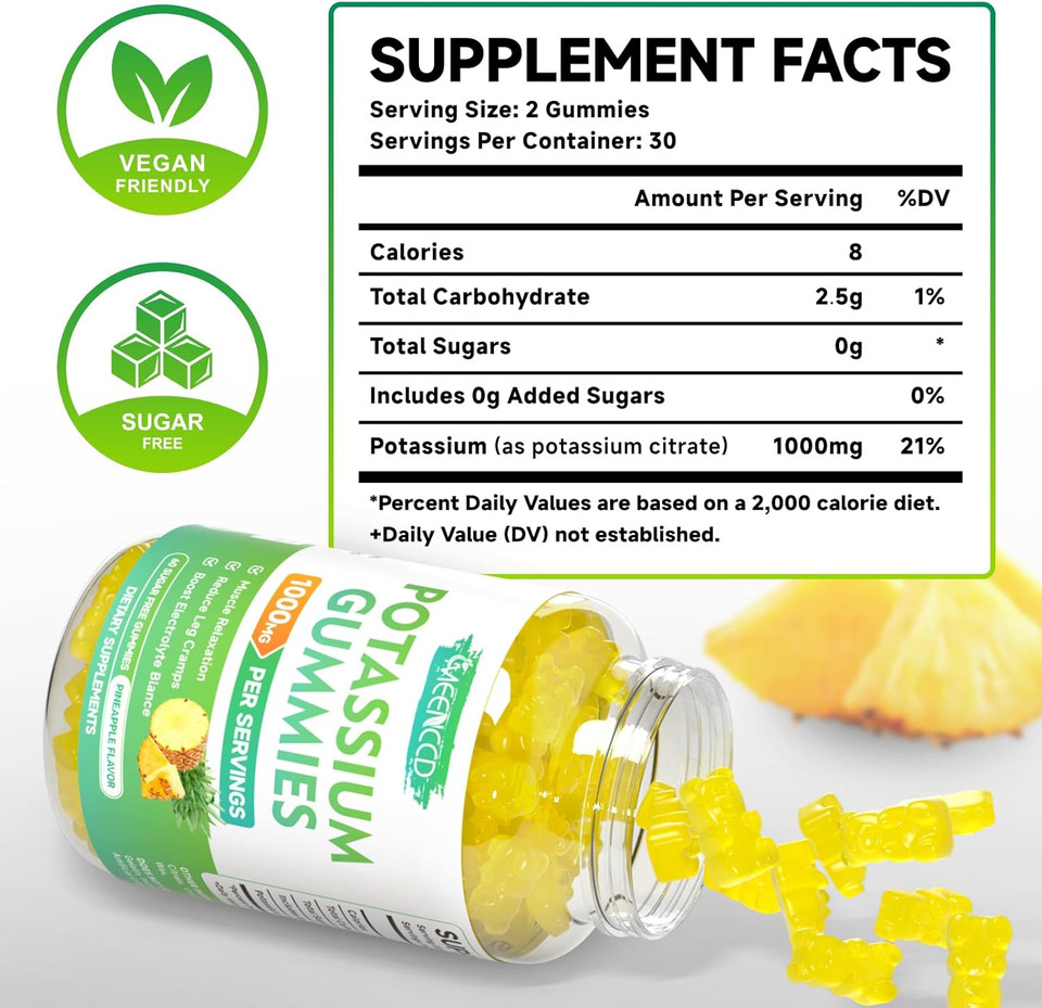 Potassium Citrate Gummies 1000Mg, High Potency Potassium Supplement Gummies For Adults Women & Men, Support Leg Cramps & Muscle Health, Sugar-Free, Pineapple Flavor, 120 Count