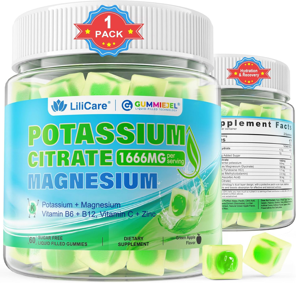 Potassium Citrate Gummies 1666Mg For Adults - Potassium Supplement, Magnesium Glycinate, Zinc, B6, B12 & C  Electrolyte Gummies For Energy, Recovery & Leg Cramps, Vegan 120 Cts