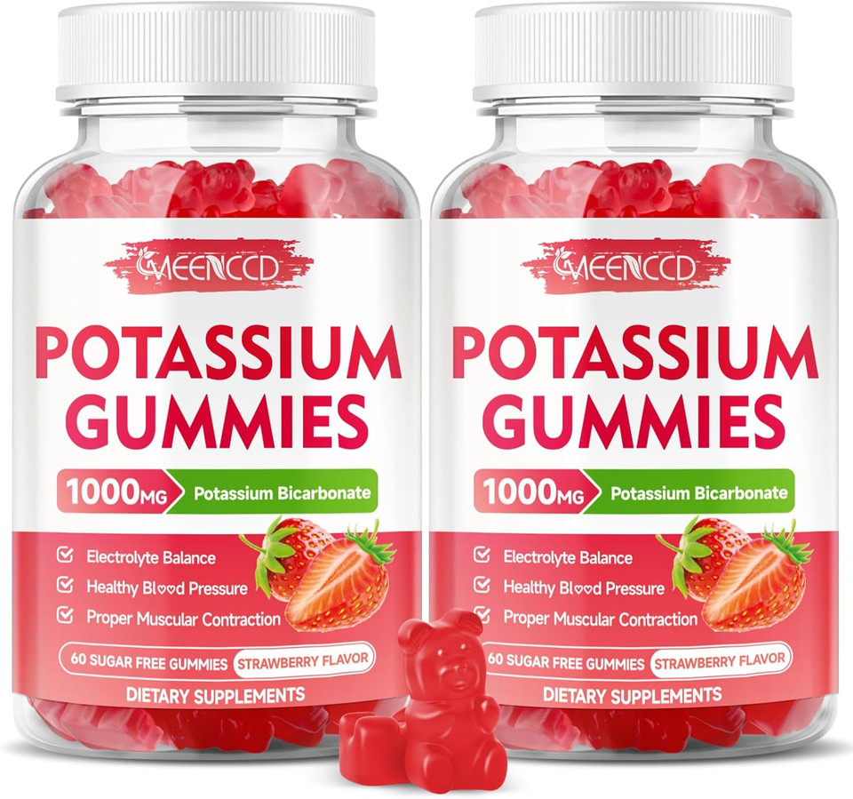 Potassium Gummies 1000Mg, Potassium Bicarbonate Supplement For Adults & Kids, Potassium Supplement For Electrolyte Balance & Muscle Heath, Sugar-Free, Strawberry Flavor, 60 Count