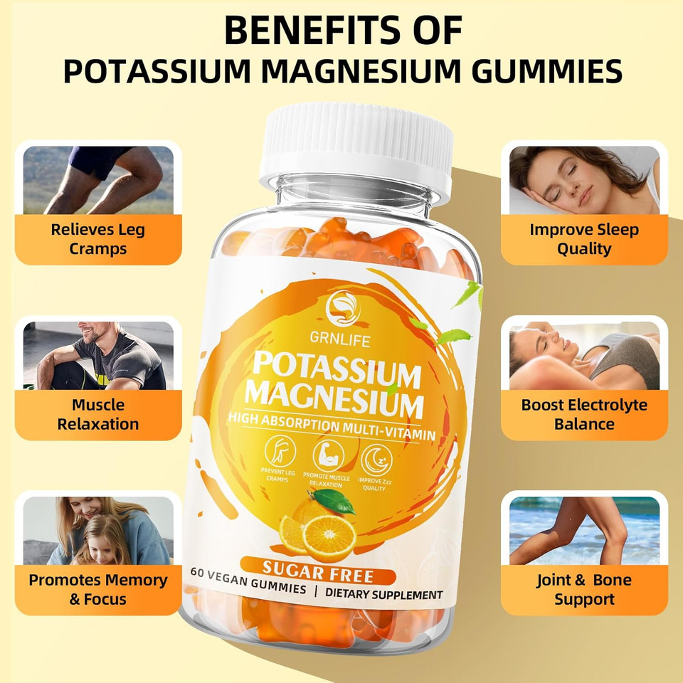 Potassium Gummies For Adults, Potassium Magnesium Supplement For Leg Cramps & Immune Health, Sugar-Free, Vegan Orange Flavors-120 Count