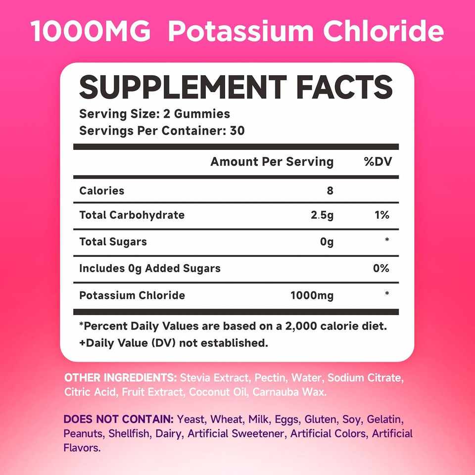 Potassium Gummies, Potassium Chloride 1000Mg For Adults, Sugar-Free Potassium Supplement Gummies Support Electrolyte Balance & Leg Cramps For Women & Men, Raspberry Flavor, 60 Count