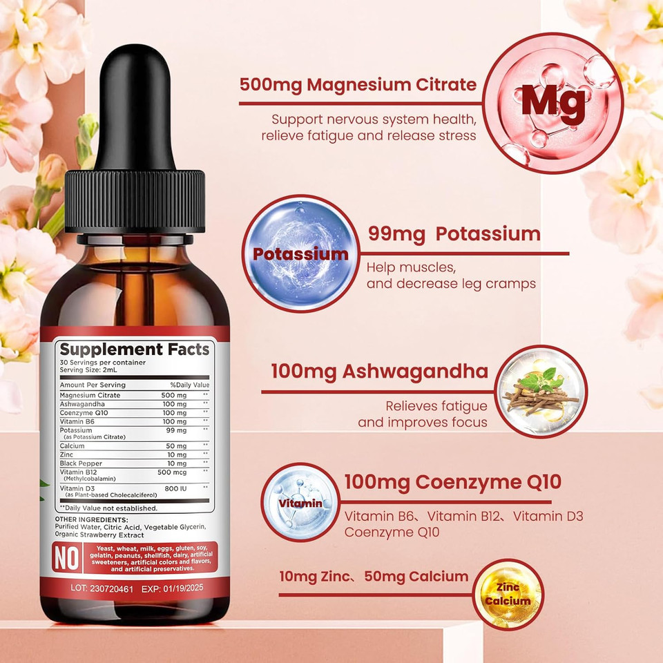 Potassium Magnesium Citrate Supplement, Liquid Magnesium Citrate Drops 500Mg With Ashwagandha, Calcium, Zinc, Vitamin D3, B6, B12, Coq10 - Vegan 2 Fl Oz Raspberry Flavor