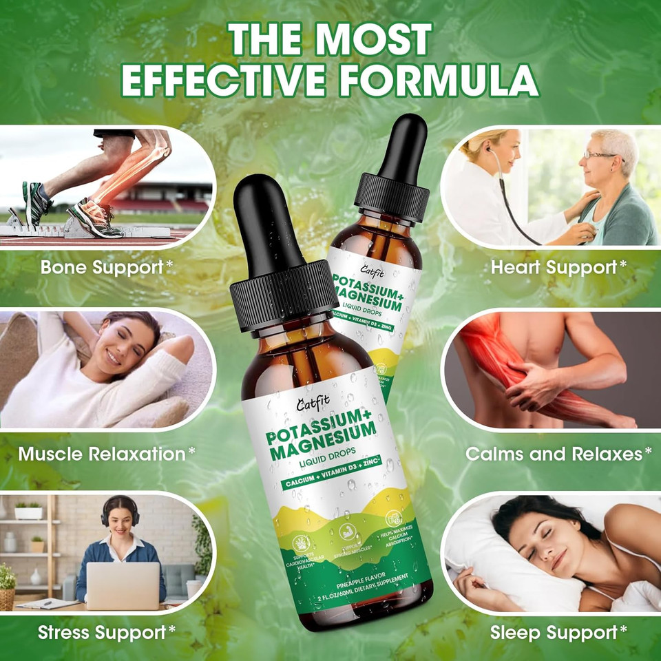 Potassium Magnesium Glycinate Supplement-High Absorption Magnesium Complex Liquid Drop With Calcium, Potassium, Vitamin D3 & Zinc For Sleep,Leg Cramps, Muscles & Energy, Sugar Free&Vegan 2 Fl Oz