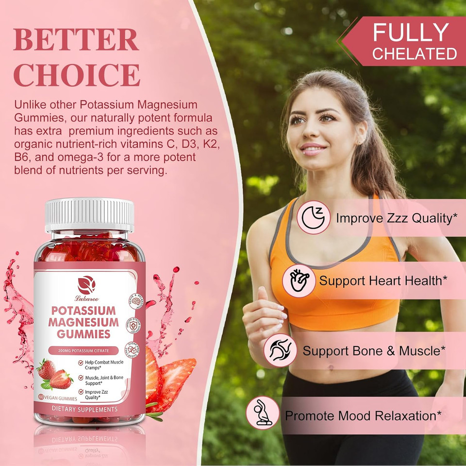 Potassium Magnesium Gummies - High Absorption Magnesium Glycinate & Potassium Citrate 200Mg Plus Omega 3, B6, D3, K2 & Calcium - Chewable Gummy For Immunity & Energy - Strawberry Flavor - 60 Count