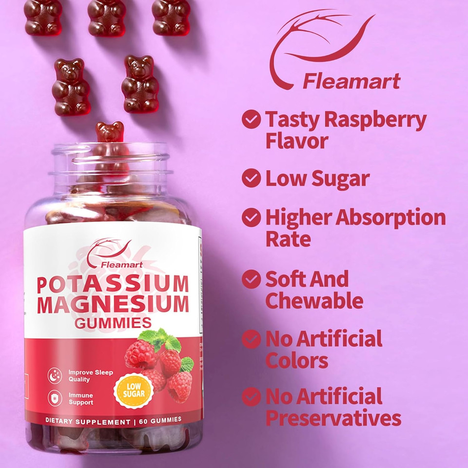 Potassium Magnesium Gummies Potassium Citrate 99Mg Magnesium Citrate 250Mg Magnesium Potassium Complex Supplement, Immune Support, 60 Raspberry Gummies