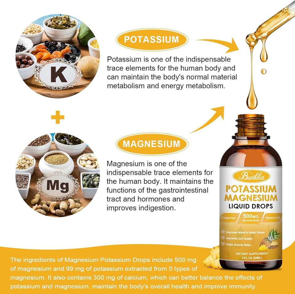 Potassium Magnesium Liquid Drops Supplement With Potassium, Magnesium,Calcium, Vitamin D3, Zinc, For Leg Cramps, Energy, Metabolism, For Adult And Kid,Sugar Free