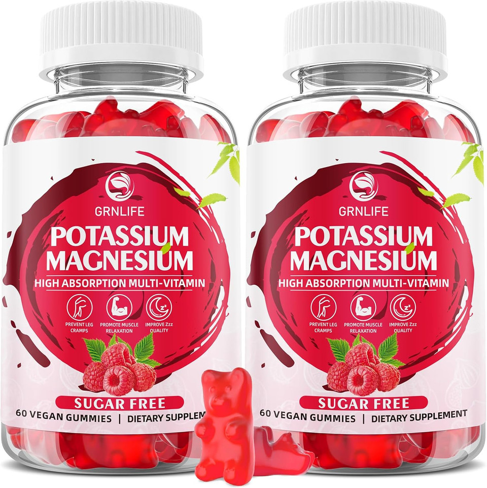 Potassium Magnesium Supplement Gummies, Potassium Gummies For Adults Kids, High Absorption Magnesium Glycinate For Leg Cramps & Immune Health, Sugar-Free, Raspberry Flavors, 120 Count