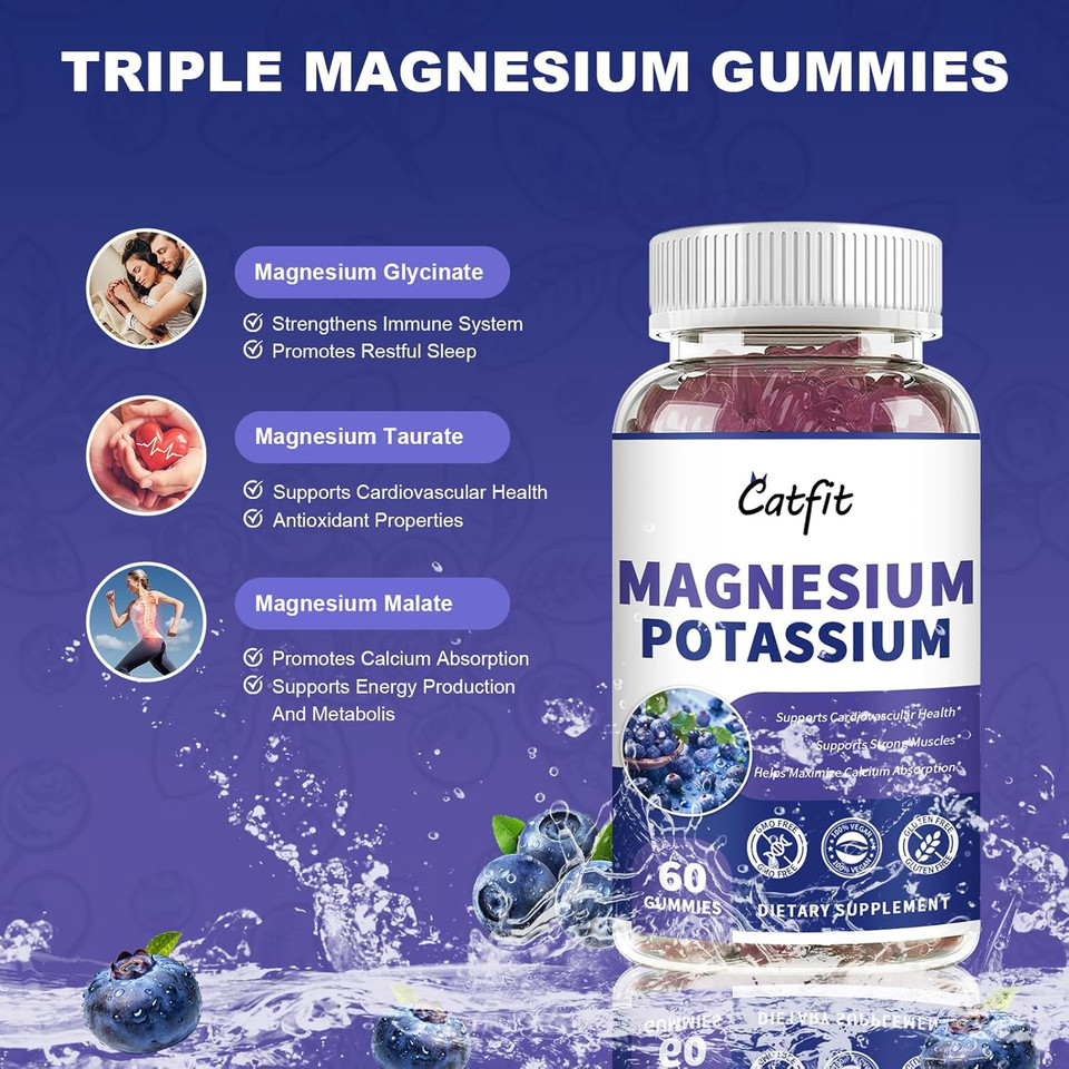 Potassium Magnesium Supplement Gummies,Magnesium Glycinate,Potassium Gluconate,Triple Magnesium Complex,Calcium,Zinc,Vitamin D3 For Leg Cramps,Sleep,Immunity & Energy,60 Ct Blueberry