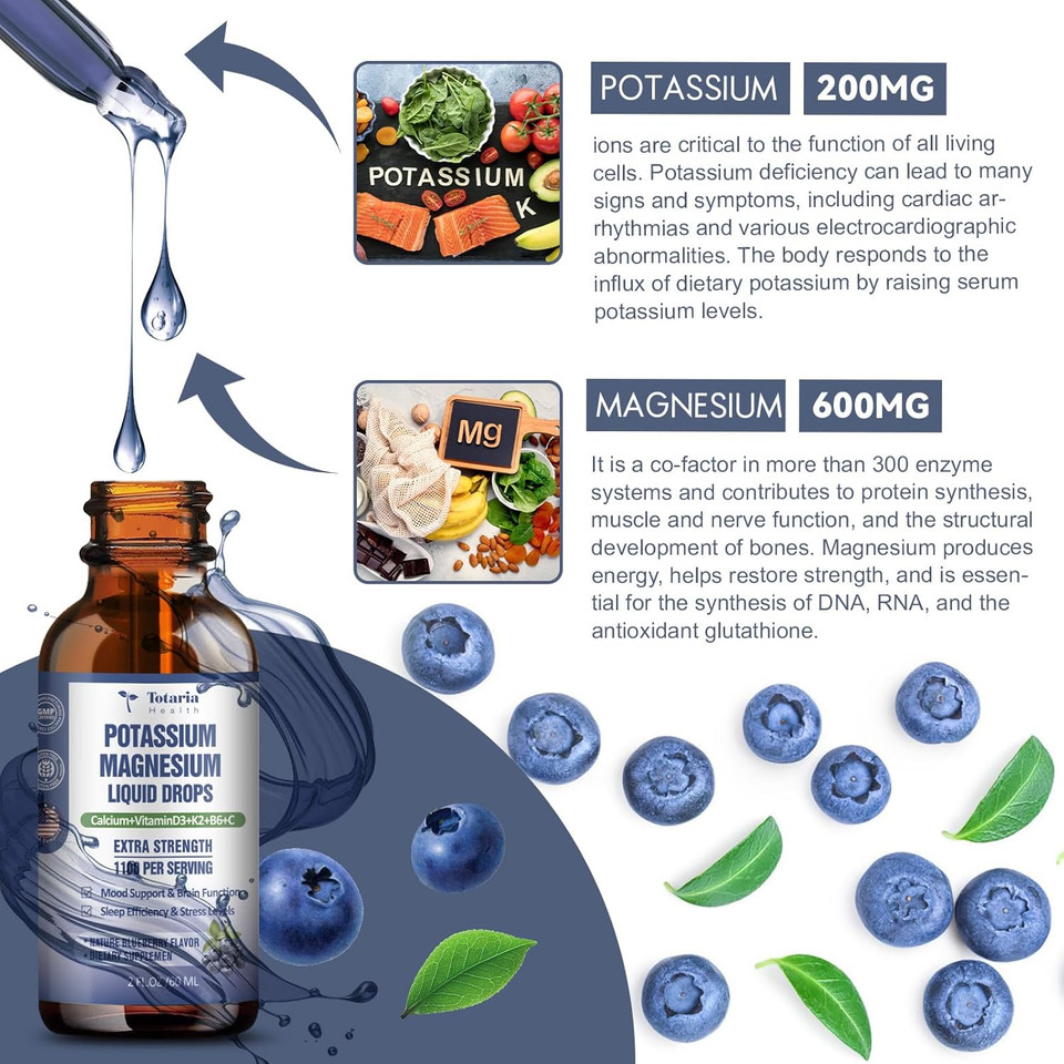 Potassium Magnesium Supplement Liquid Drops - Vitamin K 2 Potassium Supplement Complex Magnesium Glycinate Liquid Citrate Oil High Absorption Potasio Support Bone, Muscle, Leg Cramps, Blueberry