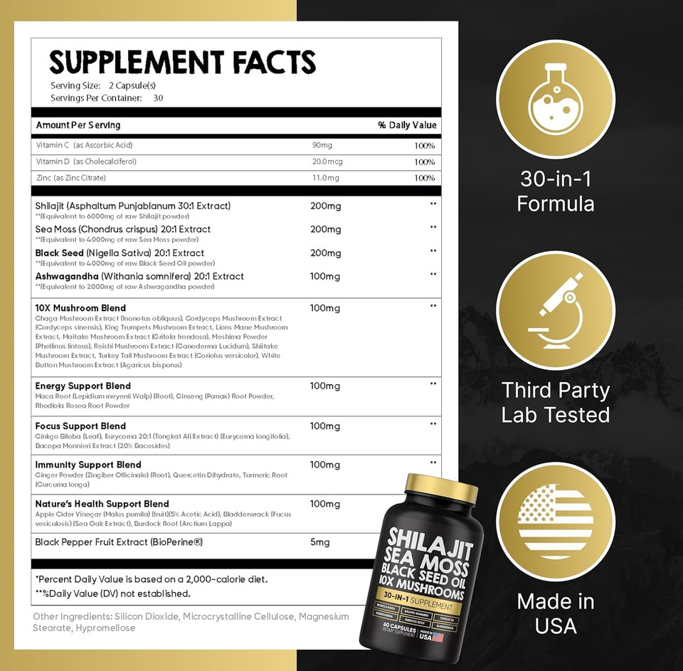 Power Blend Capsules - 30-In-1 Supplement Bundle With Shilajit 6000Mg, Sea Moss 4000Mg, Black Seed Oil 4000Mg, Ashwagandha 2000Mg, 10X Mushrooms, Tongkat Ali, Maca, Holistic Pills Combo