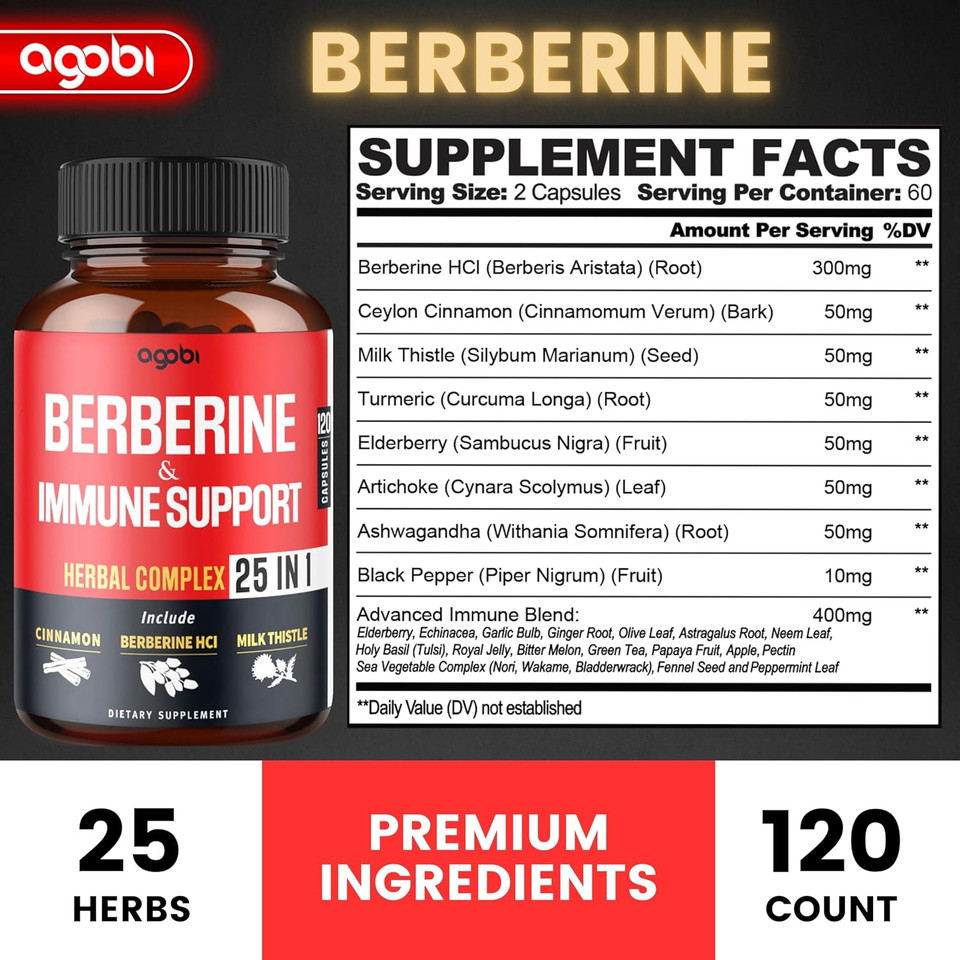 Premium Berberine Supplement With Ceylon, Ashwagandha, Turmeric, Milk Thistle, Elderberry & Black Pepper - Supports Immune System, Cardiovascular & Gastrointestinal - 60 Capsules