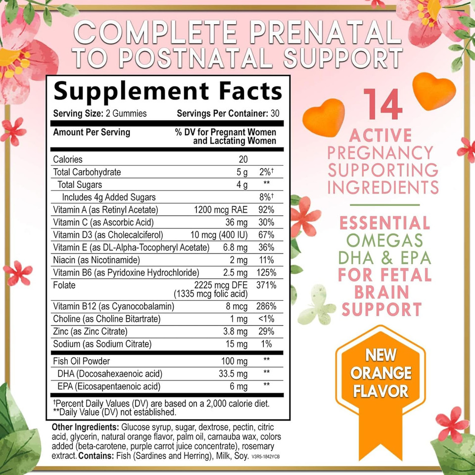 Prenatal Vitamins For Women With Dha & Folic Acid - Best Prenatal Multivitamin Gummies For Women, Brain Development Support, Folate, Vitamin C, D3 & B12, Pre Natal Pregnancy Supplement - 60 Gummies