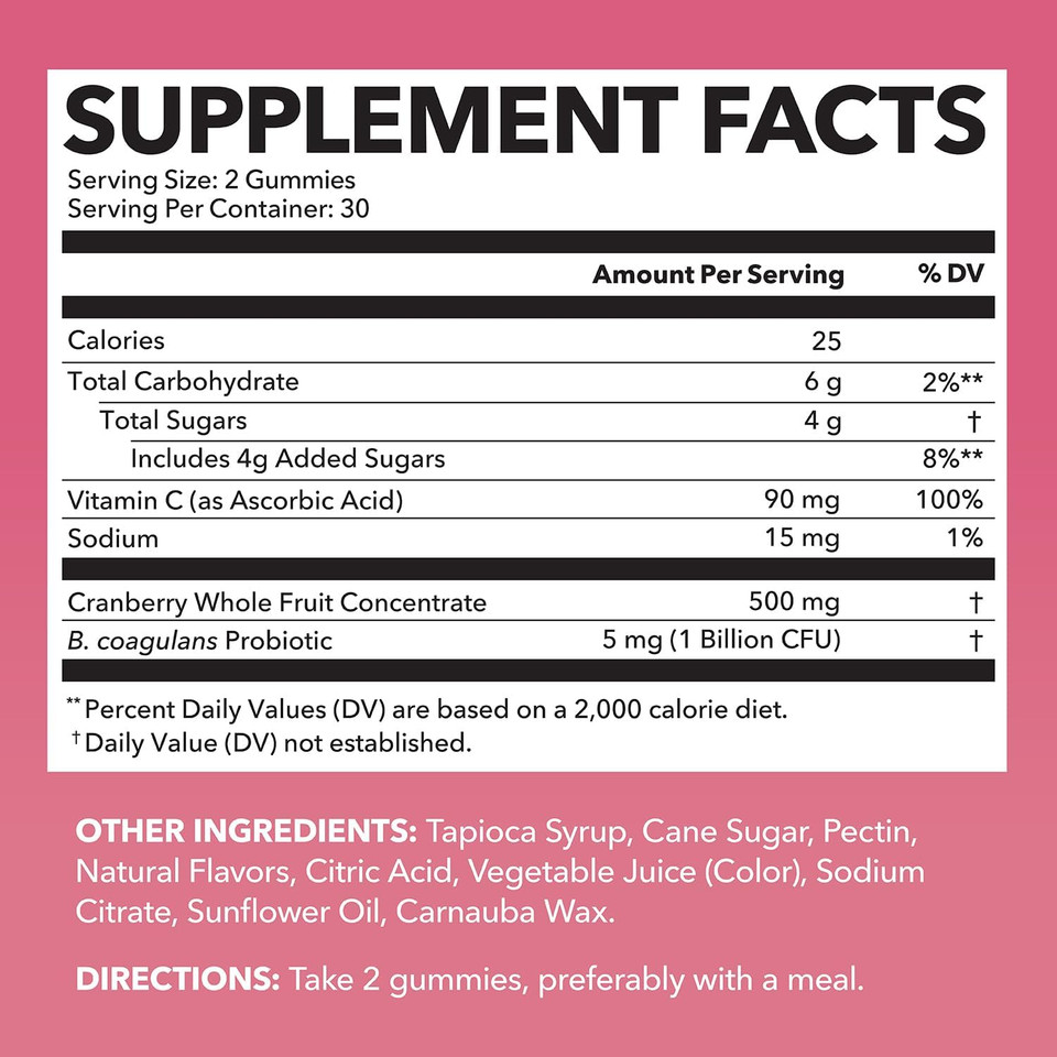 Probiotic Cranberry Gummies For Women - Urinary Tract Health And Ph Balance - 1 Billion Cfu Of Lactobacillus For Bladder Support And Vaginal Wellness - Cran-Raspberry Flavor, 60 Count, 1-Month Supply