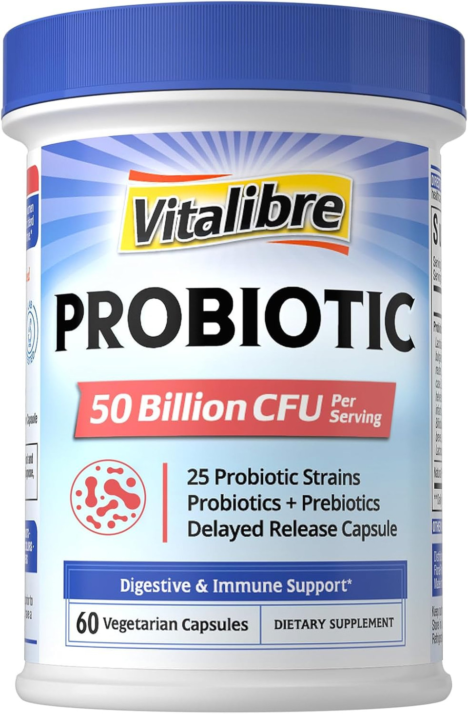 Probiotic For Women And Men, 50 Billion Cfu, 25 Diverse Strains Plus Prebiotics, For Digestive Health & Immune Support, Delayed Release, No Refrigeration Needed, 60 Veggie Capsules