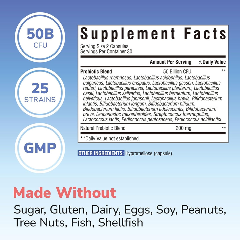 Probiotic For Women And Men, 50 Billion Cfu, 25 Diverse Strains Plus Prebiotics, For Digestive Health & Immune Support, Delayed Release, No Refrigeration Needed, 60 Veggie Capsules
