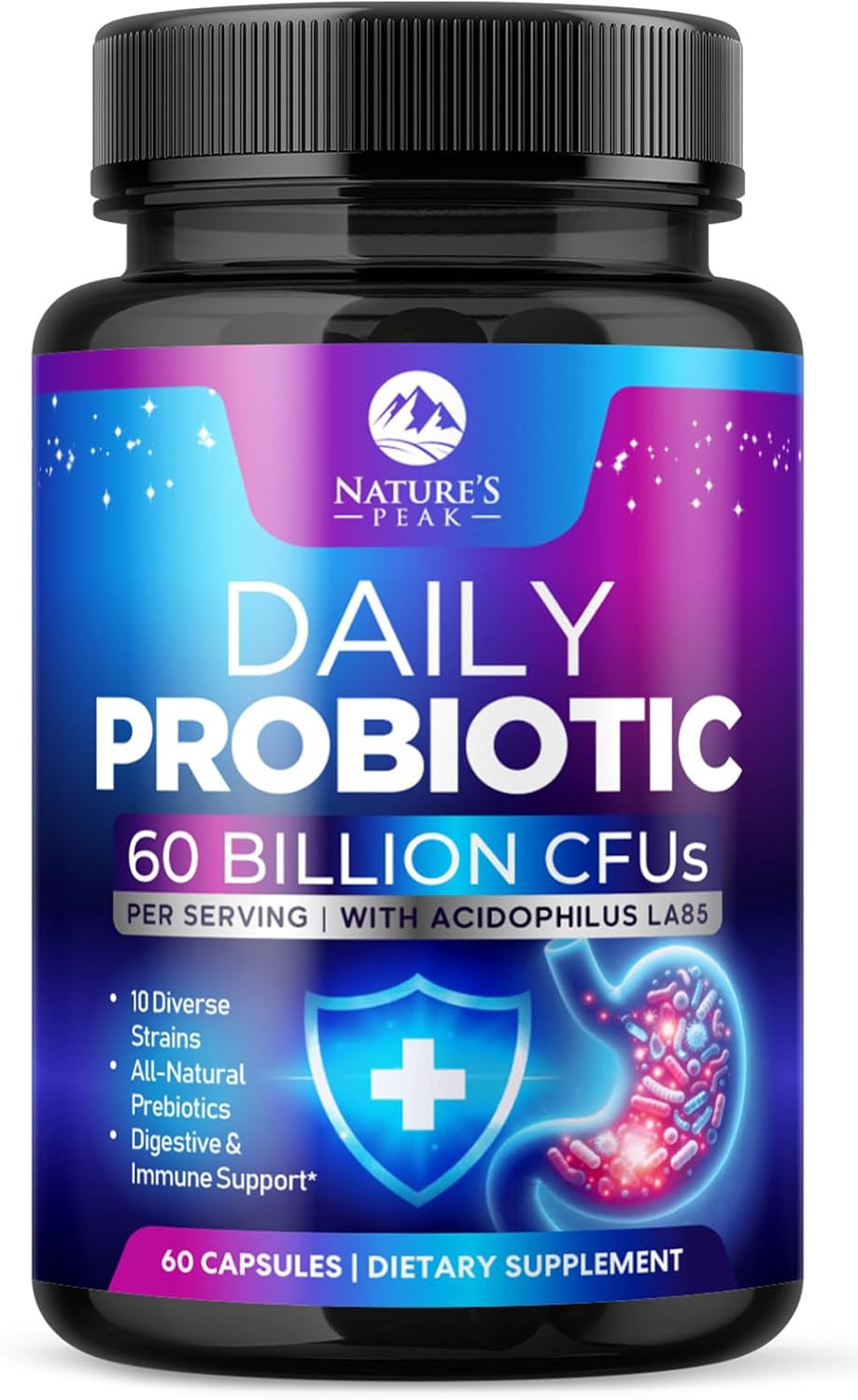 Probiotics 60 Billion Cfu - 10 Strains + Digestive Enzymes & Prebiotics - Best Probiotic For Women & Men, Supports Immune, Gut Health, Occasional Constipation, Diarrhea, Gas & Bloating - 60 Capsules