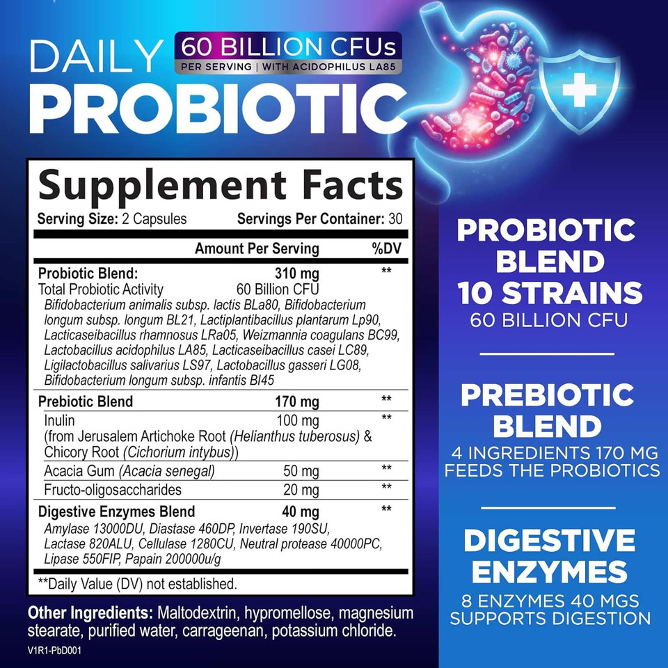 Probiotics 60 Billion Cfu - 10 Strains + Digestive Enzymes & Prebiotics - Best Probiotic For Women & Men, Supports Immune, Gut Health, Occasional Constipation, Diarrhea, Gas & Bloating - 60 Capsules