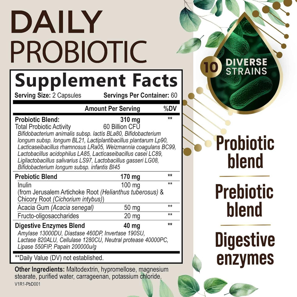 Probiotics 60 Billion Cfu + 10 Strains - Daily Probiotic Lactobacillus Blend For Immune, Digestive & Gut Health Support, Prebiotics And Probiotics, Gas & Bloating For Women & Men - 60 Capsules
