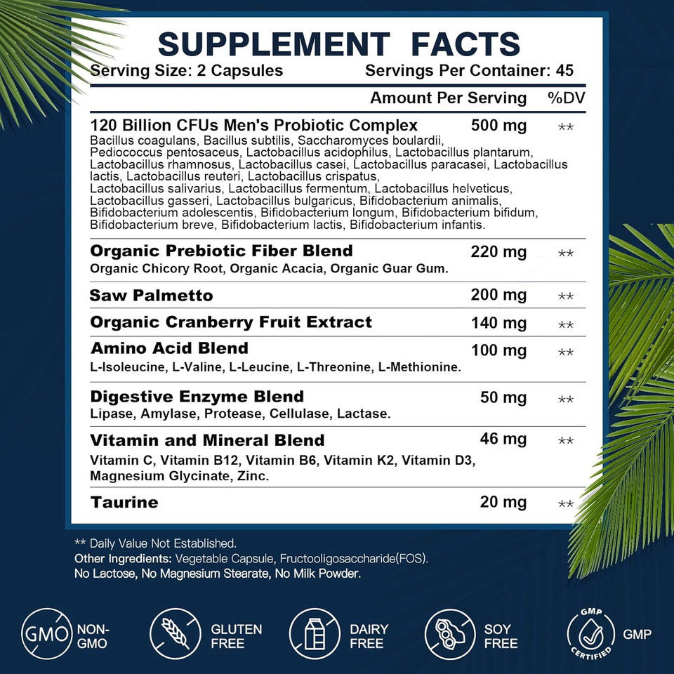 Probiotics For Men Digestive Health, 120 Billion Cfus Mens Probiotic With Digestive Enzymes & Prebiotics & Saw Palmetto & Cranberry For Gut, Prostate & Urinary Tract Health, Shelf Stable, 90 Capsules