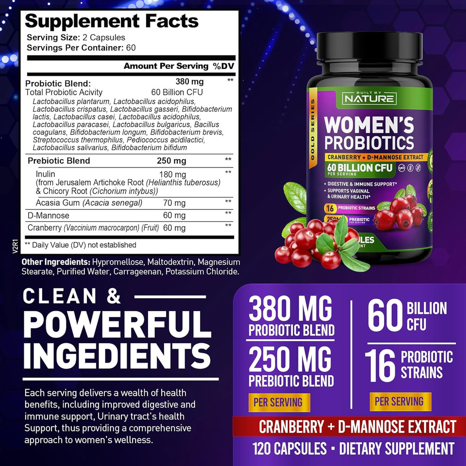 Probiotics For Women - 60 Billion Cfus, 16 Strains, With Cranberry, D-Mannose & Prebiotics - Supports Digestive, Immune, & Vaginal Health - Non-Gmo, Dairy & Gluten-Free - 120 Veggie Capsules