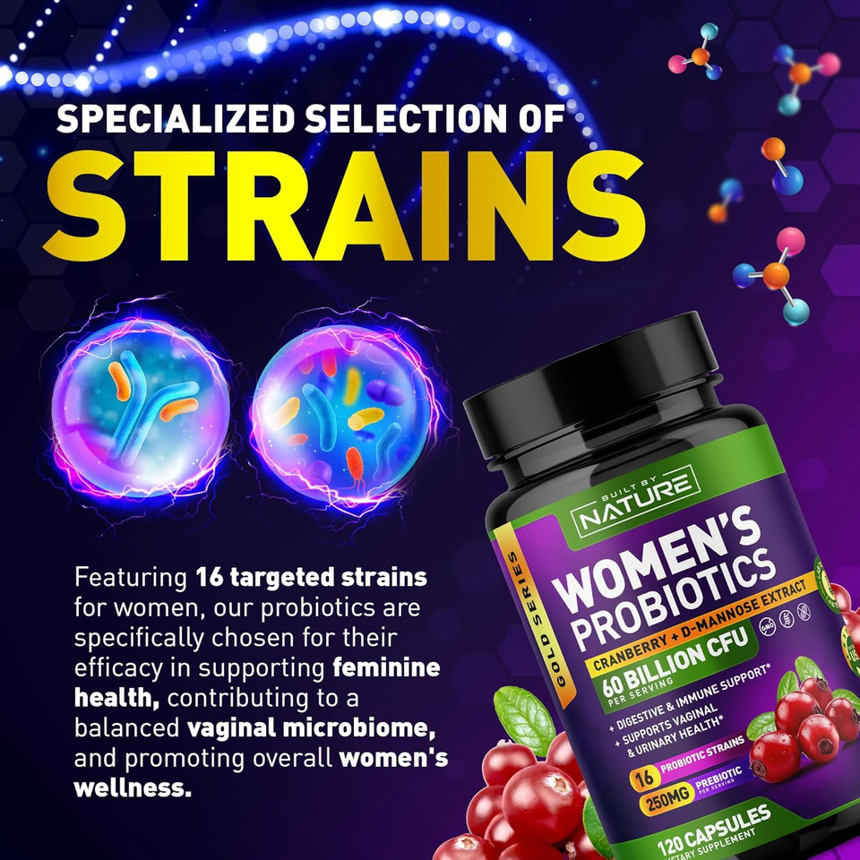 Probiotics For Women - 60 Billion Cfus, 16 Strains, With Cranberry, D-Mannose & Prebiotics - Supports Digestive, Immune, & Vaginal Health - Non-Gmo, Dairy & Gluten-Free - 60 Veggie Capsules