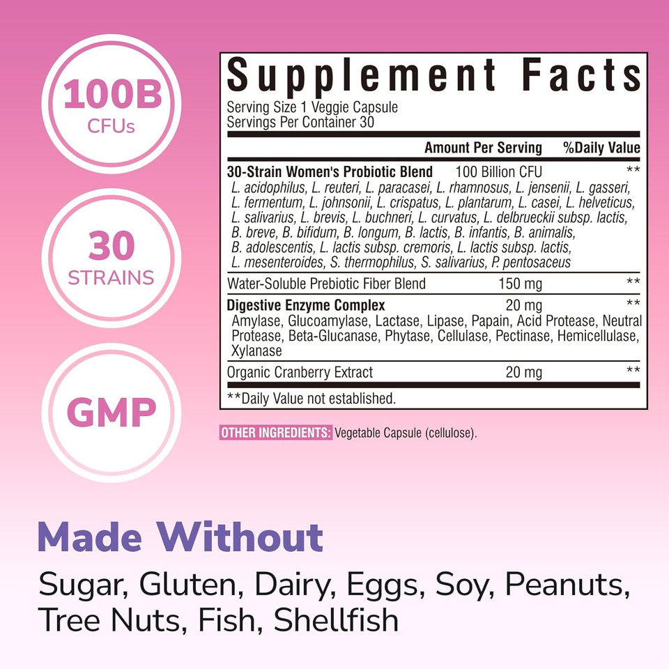 Probiotics For Women 200 Billion Cfu, 36 Unique Strains, With Cranberry Prebiotics & Digestive Enzymes, High Potency Vaginal Probiotics, Full-Spectrum Gut Health, 60 Vegan Capsules