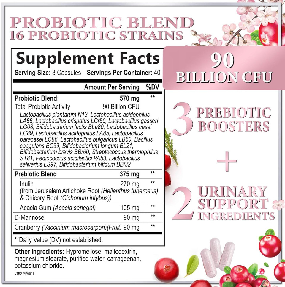 Probiotics For Women 90 Billion Cfus, 16 Probiotic Strains With Prebiotics Supplement  Cfu Supports Feminine Vaginal Ph Balance, Urinary, Bloating, Digestive Gut Health & Immune Support, 120 Capsules