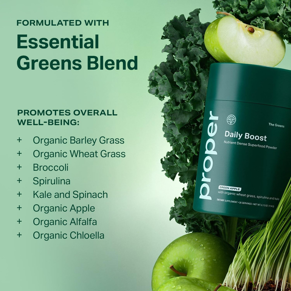 Proper, The Greens Daily Boost Organic Greens Powder. Whole Food, Apple Flavor Veggie Powder Superfood With Wheatgrass, Spirulina, Chlorella, Probiotics. Daily Drink Mix For Wellness And Digestion
