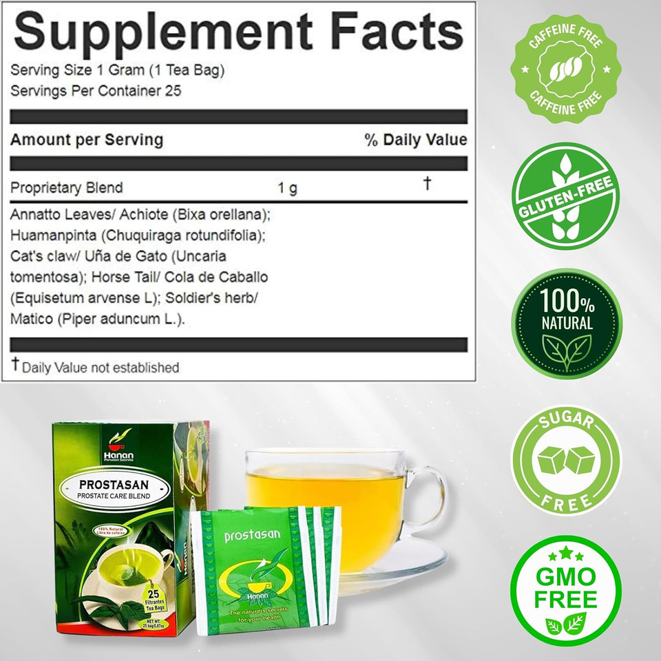 Prostasan Prostate Blend - Herbal Tea Annatto Leaves (Achiote), Humanpinta, Cat'S Claw (Uña De Gato), Horsetail (Cola De Caballo) And Soldier'S Herb (Matico) - 25 Teabags From Peru For Prostate Care