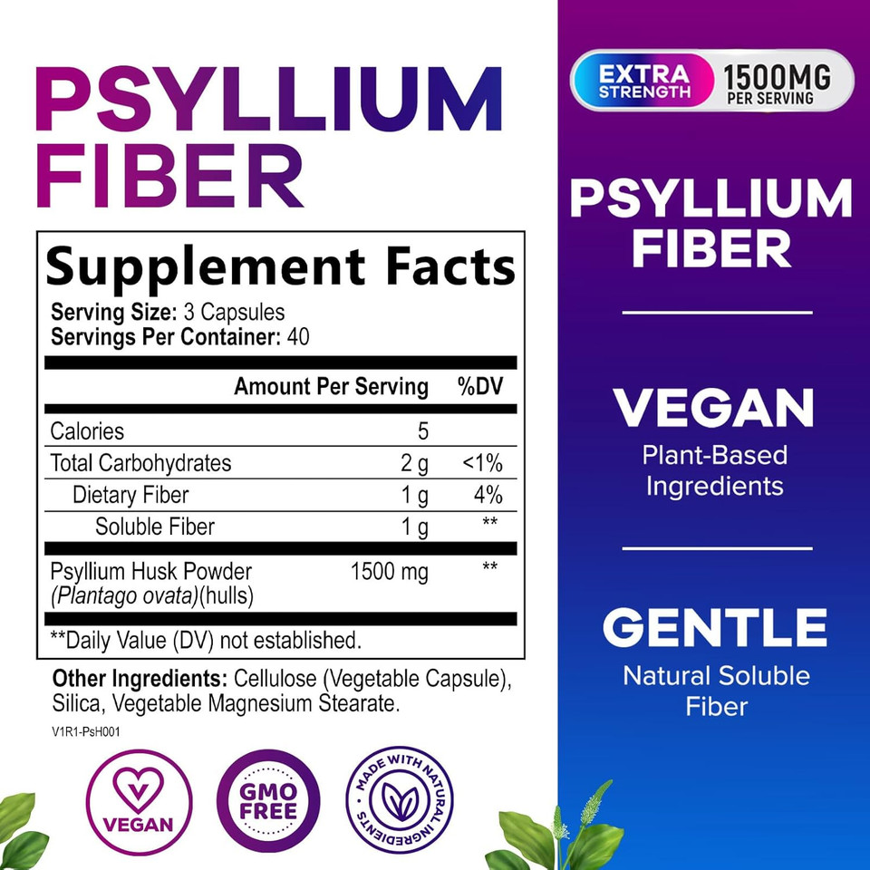 Psyllium Fiber Supplement 1500Mg, Natural Soluble Fiber For Daily Digestive Health & Regularity Support, Plant-Based Vegan Psyllium Husk Powder Caps, Sugar-Free, Non-Gmo & Gluten-Free - 120 Capsules