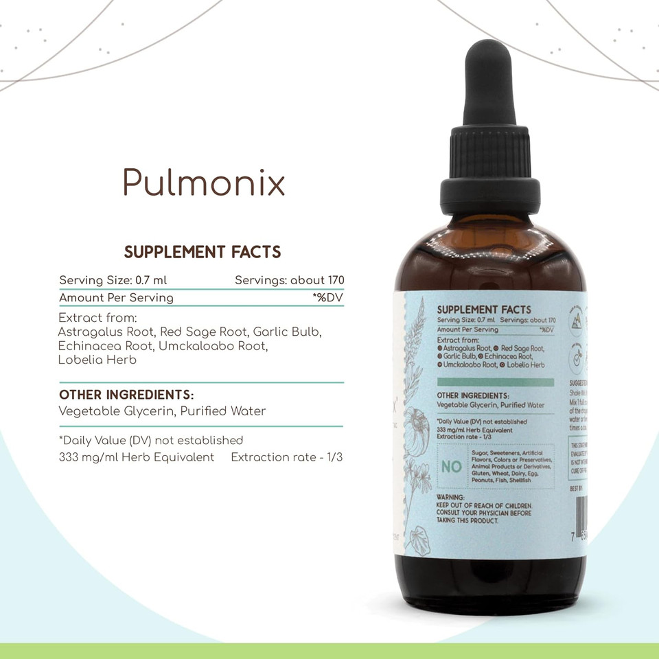 Pulmonix B120 Alcohol-Free Extract, Concentrated Liquid Drops Astragalus Root, Red Sage Leaf, Garlic Bulb, Echinacea Root, Lobelia Herb. Wildcrafted: Umckaloabo Root. Lung Congestion 4 Oz