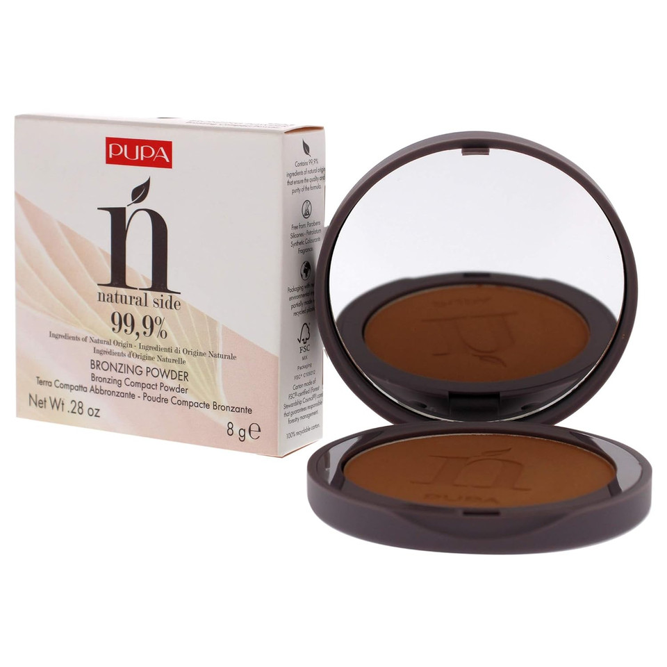 Pupa Milano Natural Side Bronzing Powder 001 Light Bronze - Add Warmth And Glow To Skin - Easy Blending Bronzer Contour Makeup Powder To Brighten Complexion - 99.9% Natural Formula - 0.28 Oz