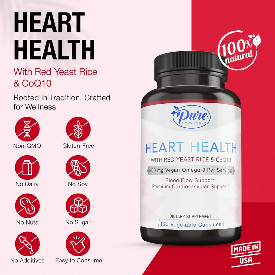 Pure By Nature Red Yeast Rice With Coq10 Supplement For Men & Women, 200Mg Vegan Omega 3 Per Serving, Gluten-Free Non-Gmo, 120 Capsules