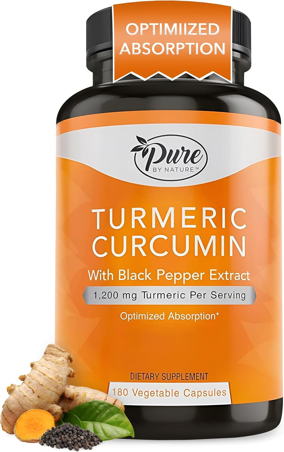 Pure By Nature Turmeric Curcumin With Black Pepper Extract 10 Mg Capsules, 1200 Mg Per Serving, Organic, High Absorption Antioxidant Support (180 Count)