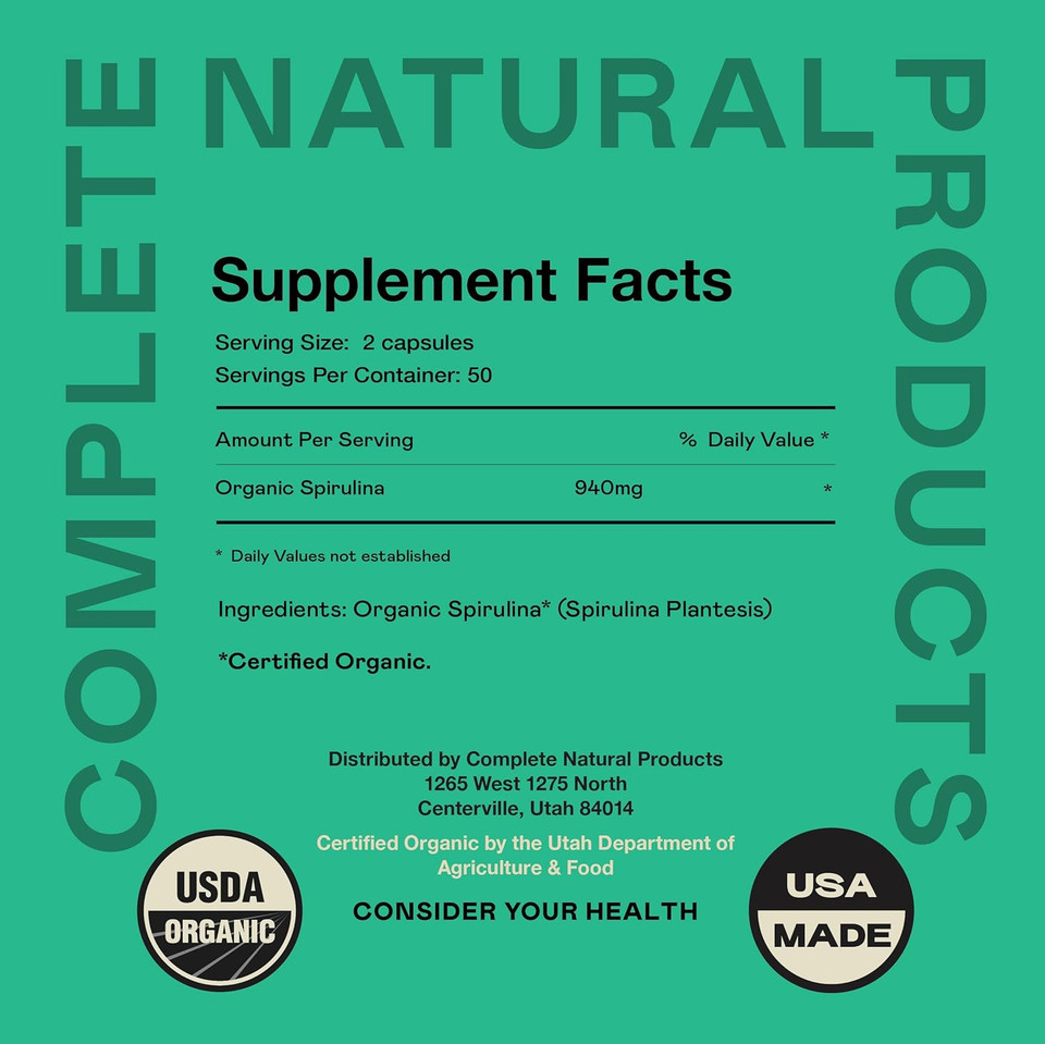 Pure Hawaiian Blue Green Spirulina Powder Capsules - 470Mg Capsules 100 Pills, Non Gmo, Natural