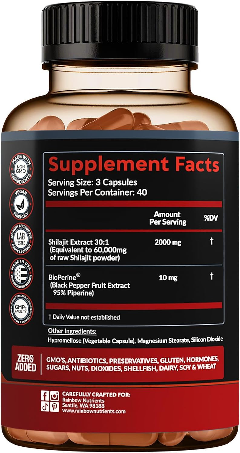 Pure Himalayan Shilajit Capsules Supplement (60,000Mg+ Absorption Enhancer+50% Fulvic Acid) Natural 30:1 Shilajit With 85+ Trace Minerals For Energy, Performance, Immune Support| Non Gmo| 120 Pills