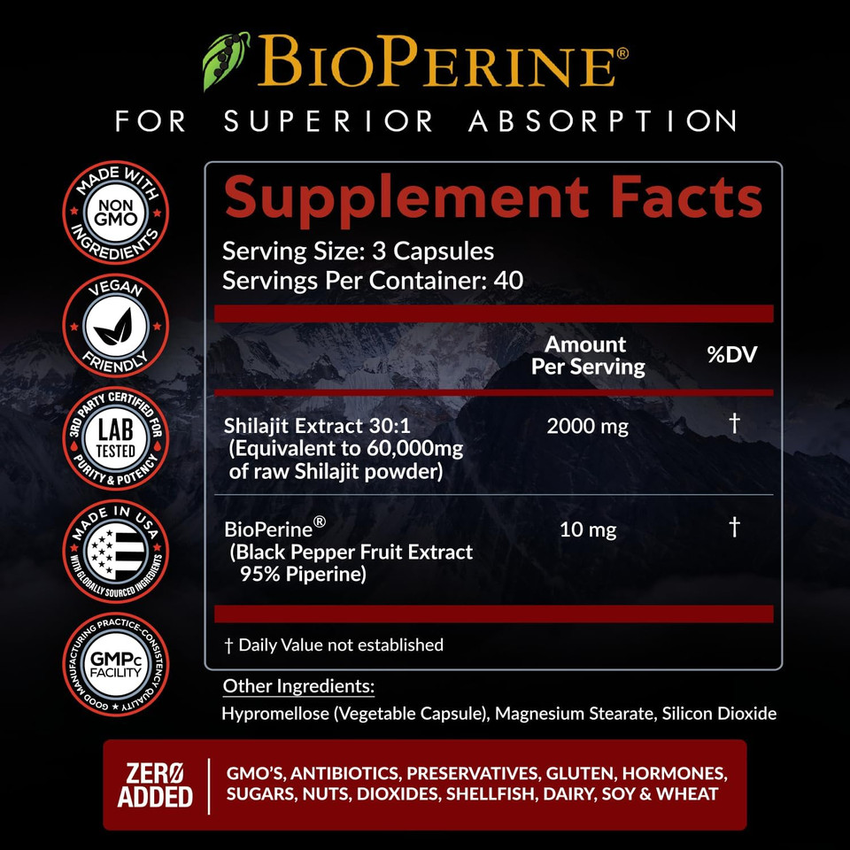 Pure Himalayan Shilajit Capsules Supplement (60,000Mg+ Absorption Enhancer+50% Fulvic Acid) Natural 30:1 Shilajit With 85+ Trace Minerals For Energy, Performance, Immune Support| Non Gmo| 120 Pills