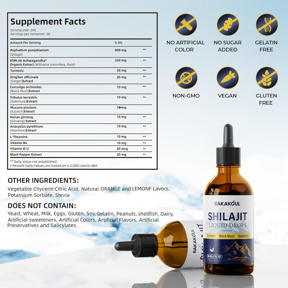 Pure Himalayan Shilajit Liquid Drops With Ashwagandha,Turmeric,Black Musli For Enhanced Energy & Immune Support,Shilajit For Men,Sugar-Free,2 Fl.Oz