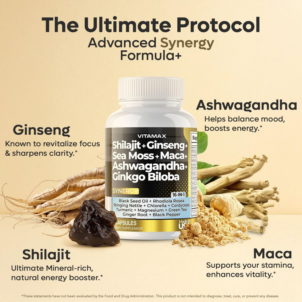Pure Himalayan Shilajit Supplement, Ashwagandha, Sea Moss, Rhodiola Rosea, Gingko Biloba - Fulvic Acid & Trace Mineral Capsules For Men And Women  Made In Usa