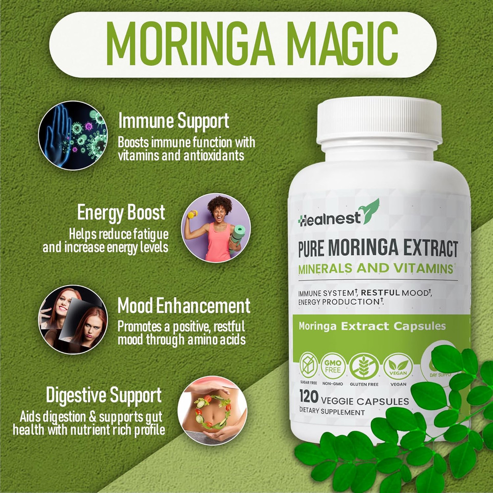 Pure Moringa Extract Capsules  20:1 (20,000 Mg) Potent Formula  Vegan Superfood Supplement With Vitamins & Minerals  Energy, Immunity, Digestion & Mood Support  120 Capsules  Non-Gmo, Gluten-Free