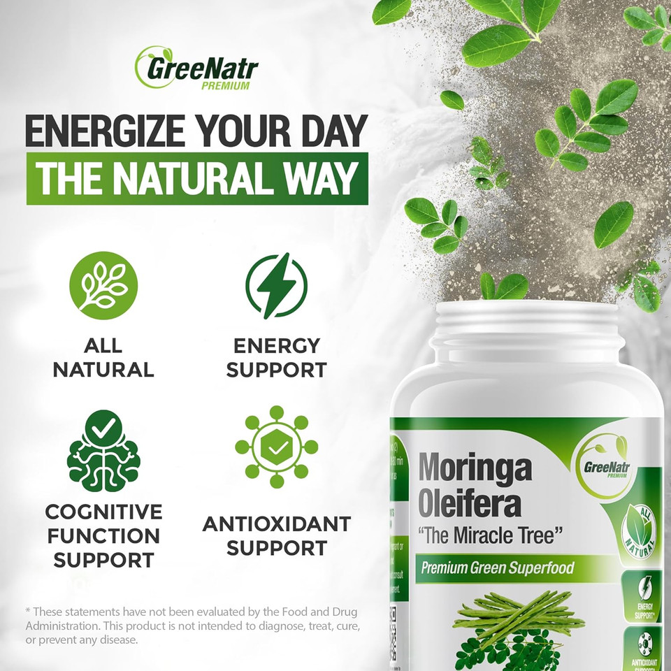 Pure Moringa Oleifera Green Superfood Capsules With Vitamin C, Omega 3 & Amino Acids - Boosts Energy, Mood, Memory, Immune Support - Made From Organic Moringa, Non-Gmo - 60 Capsules (1 Bottle)
