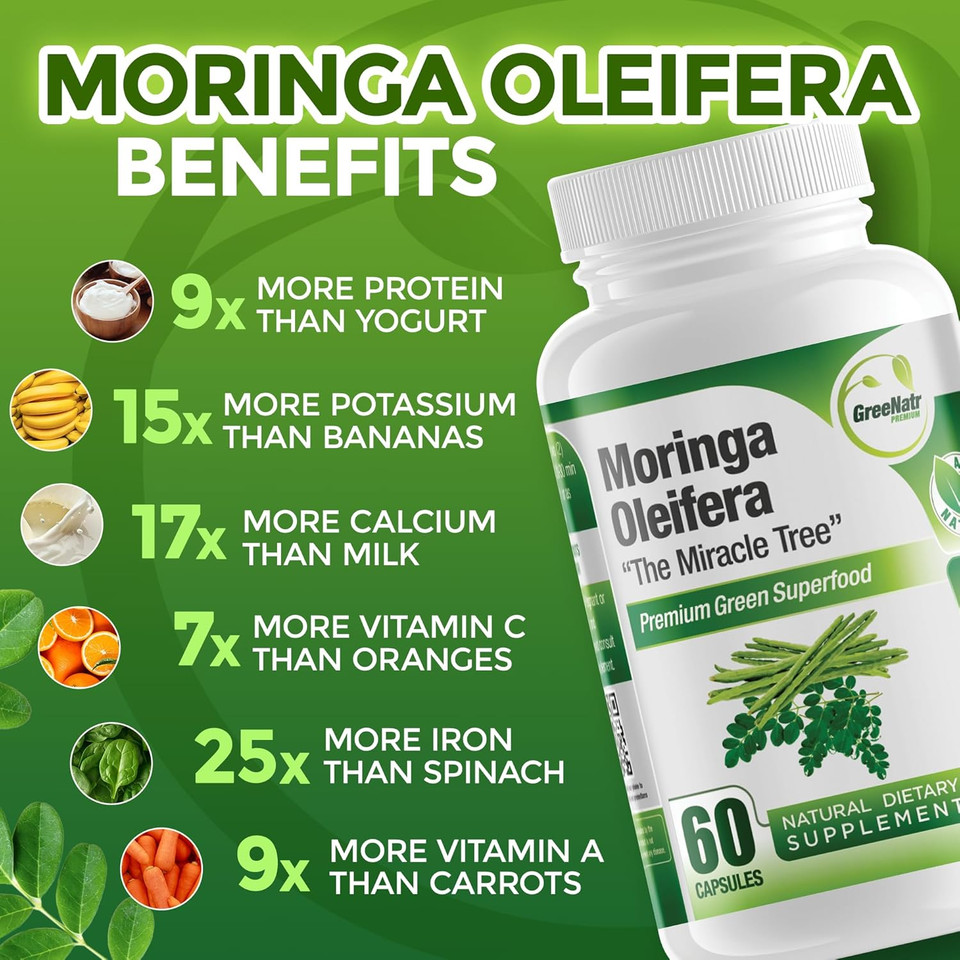 Pure Moringa Oleifera Green Superfood Capsules With Vitamin C, Omega 3 & Amino Acids - Boosts Energy, Mood, Memory, Immune Support - Made From Organic Moringa, Non-Gmo - 60 Capsules (1 Bottle)