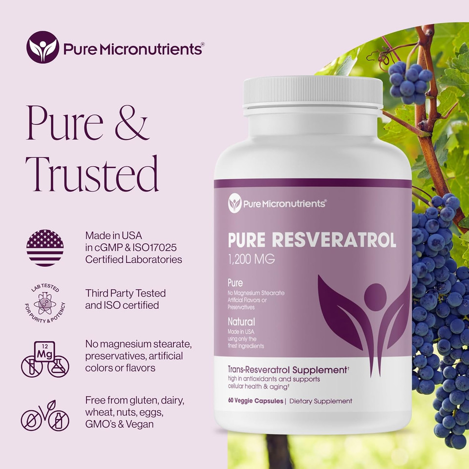 Pure Resveratrol Supplement - Extra Strength 600Mg Trans-Resveratrol Per Serve - For Heart, Cognitive, Immune Health Support  Purified & Bioavailable - 60 Vegan Caps