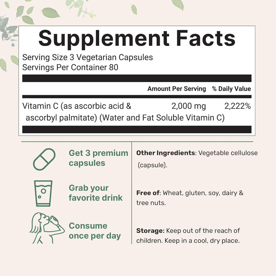 Pure Vitamin C 2,000Mg, 240 Veggie Capsules | Highly Bioavailable Fat & Water Soluble Forms | Max Potency | Antioxidant & Immune Support Supplement | Easily Absorbed, Non-Gmo, Filler Free