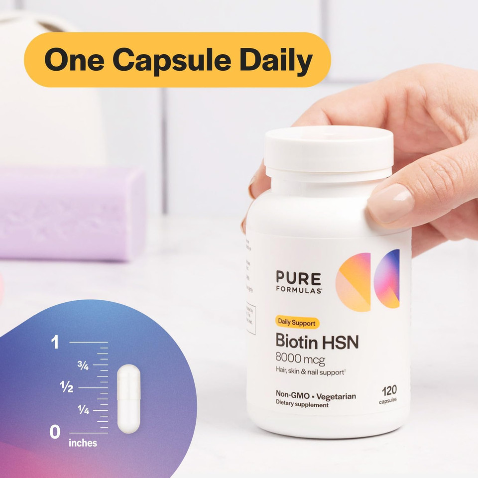 Pureformulas Biotin 8000 Mcg Hair Skin Nails Biotin Supplement Biotina, Biotin Hair Growth Vitamins B7 Supplement For Women & Men 120 Capsules